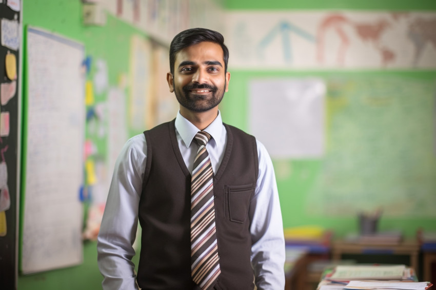 Indian elementary school teacher working confident male with blurred background Indian elementary school teacher working confident male with blurred background
