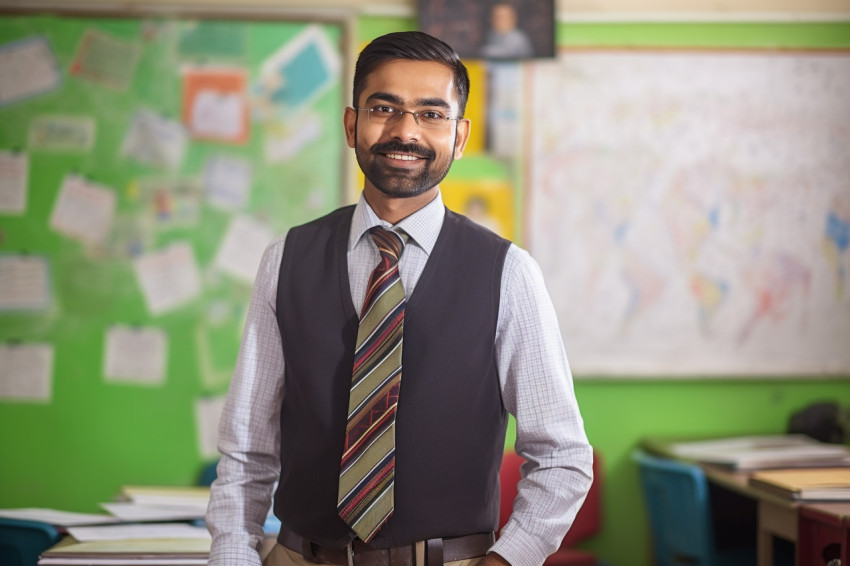 Indian elementary school teacher working confident male with blurred background Indian elementary school teacher working confident male with blurred background