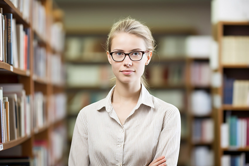 Female librarian working on a blurred background Female librarian working on a blurred background