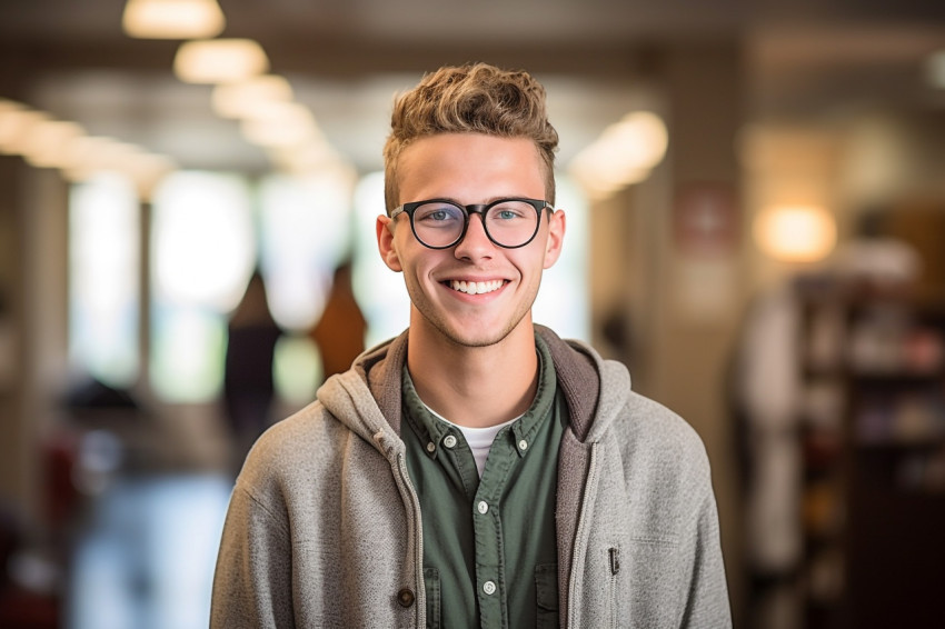 Confident male college student working on blurred background