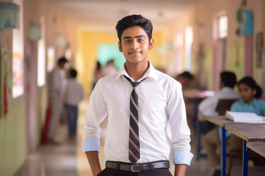 Indian high school boy studying confidently on blurred background Indian high school boy studying confidently on blurred background