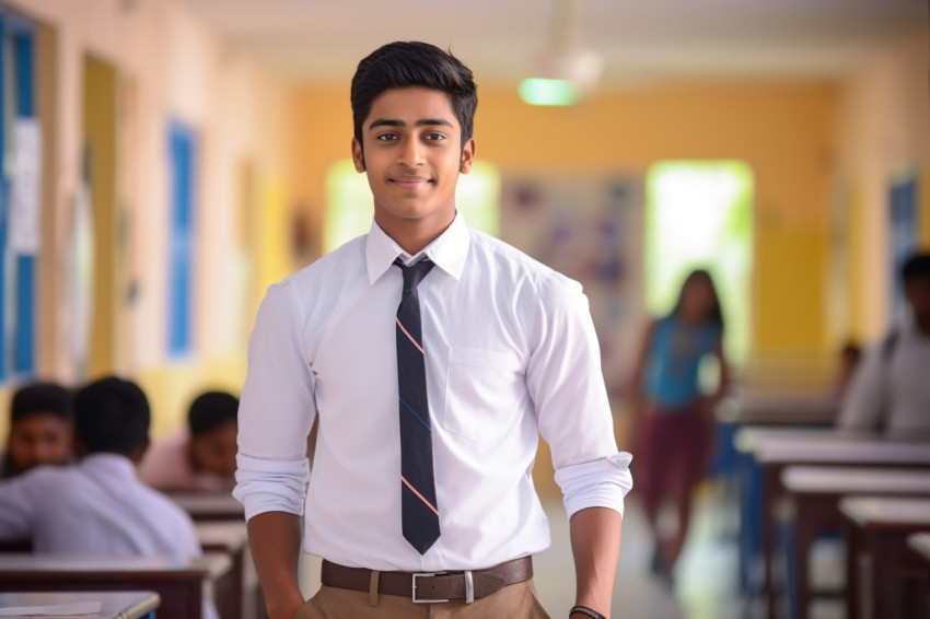 Indian high school boy studying confidently on blurred background Indian high school boy studying confidently on blurred background