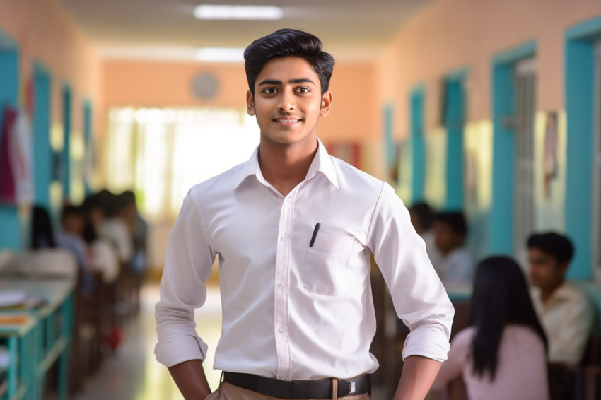 Indian high school boy studying confidently on blurred background Indian high school boy studying confidently on blurred background