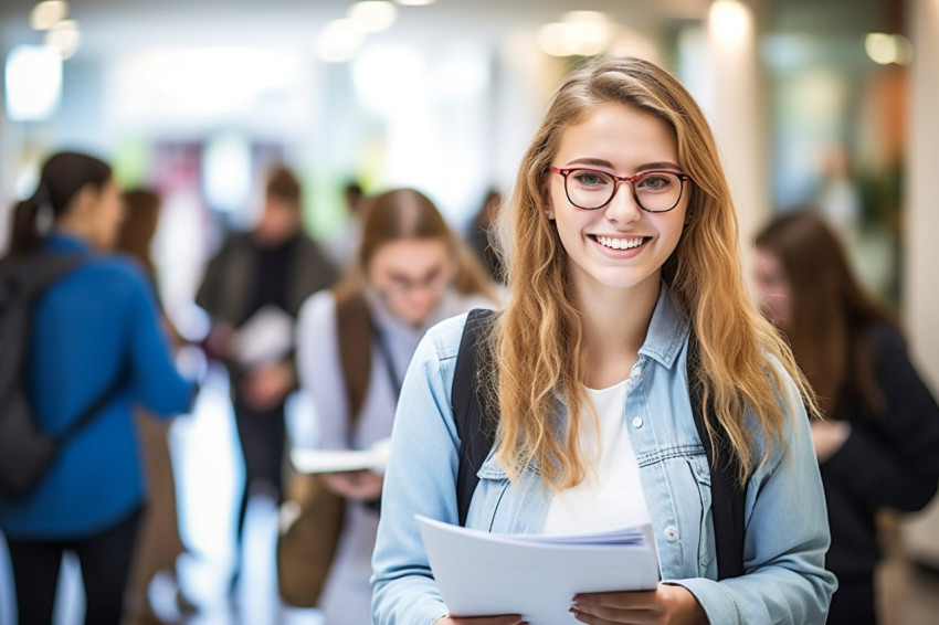 Smart college girl working on blurred background Smart college girl working on blurred background