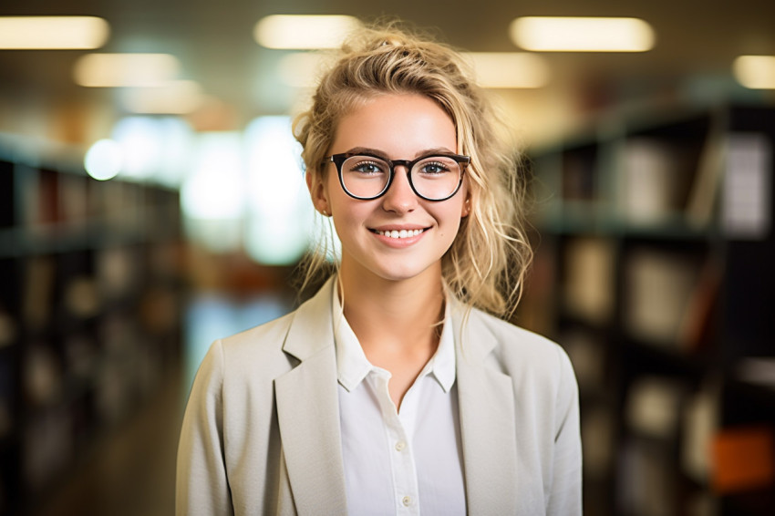 Smart college girl working on blurred background Smart college girl working on blurred background