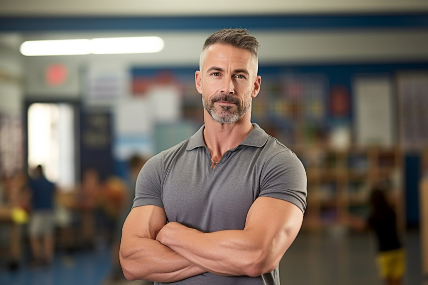 Fit male PE teacher working on blurry background