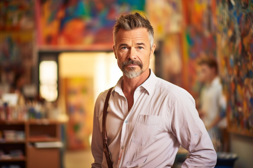 Male art teacher working on blurred background Male art teacher working on blurred background