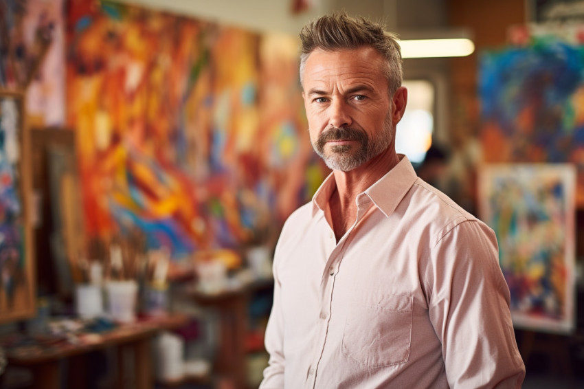 Male art teacher working on blurred background Male art teacher working on blurred background