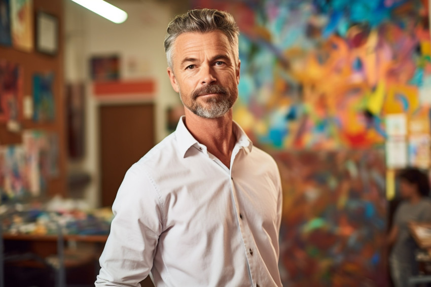 Male art teacher working on blurred background Male art teacher working on blurred background
