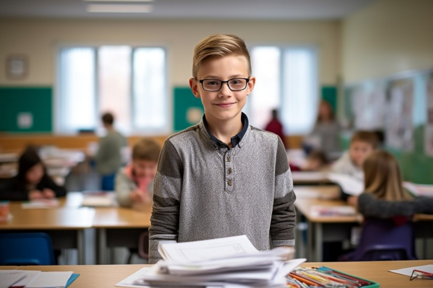 Confident elementary school boy working on blurred background Confident elementary school boy working on blurred background