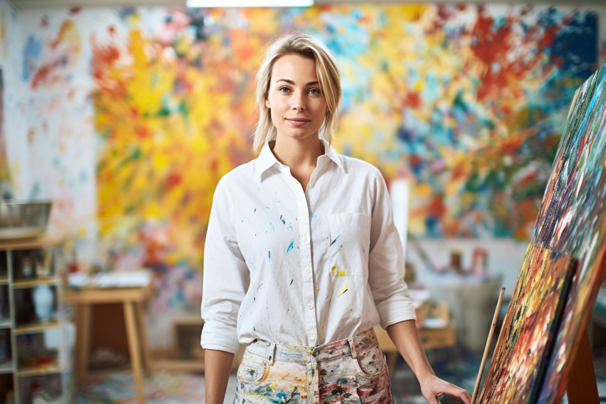 Female art teacher teaching on blurred background Female art teacher teaching on blurred background