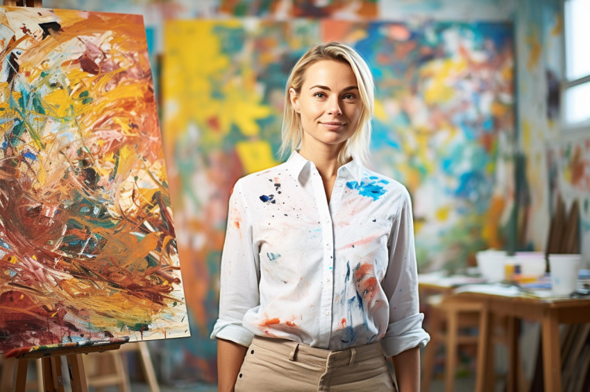 Female art teacher teaching on blurred background Female art teacher teaching on blurred background