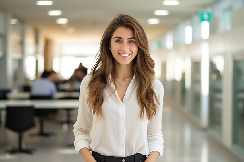 Female college student working on a blurred background