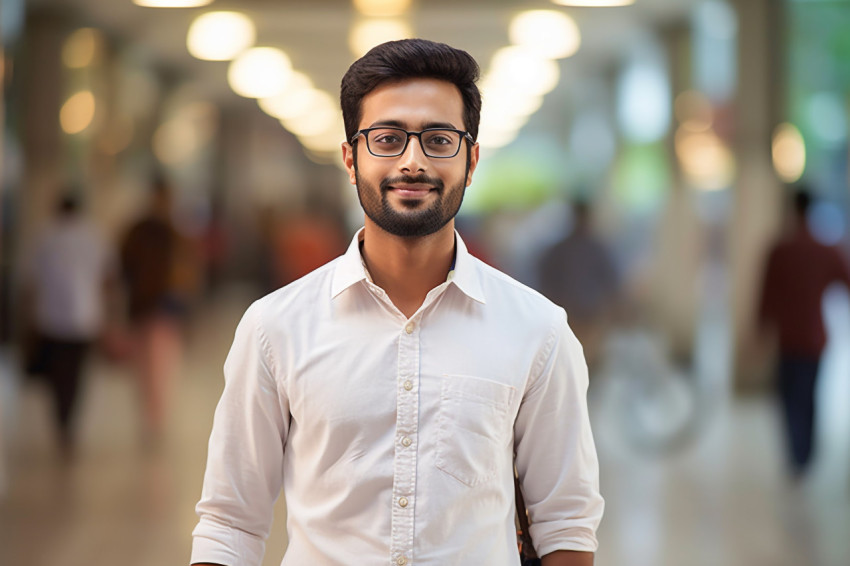 Indian male international student working blurred background Indian male international student working blurred background