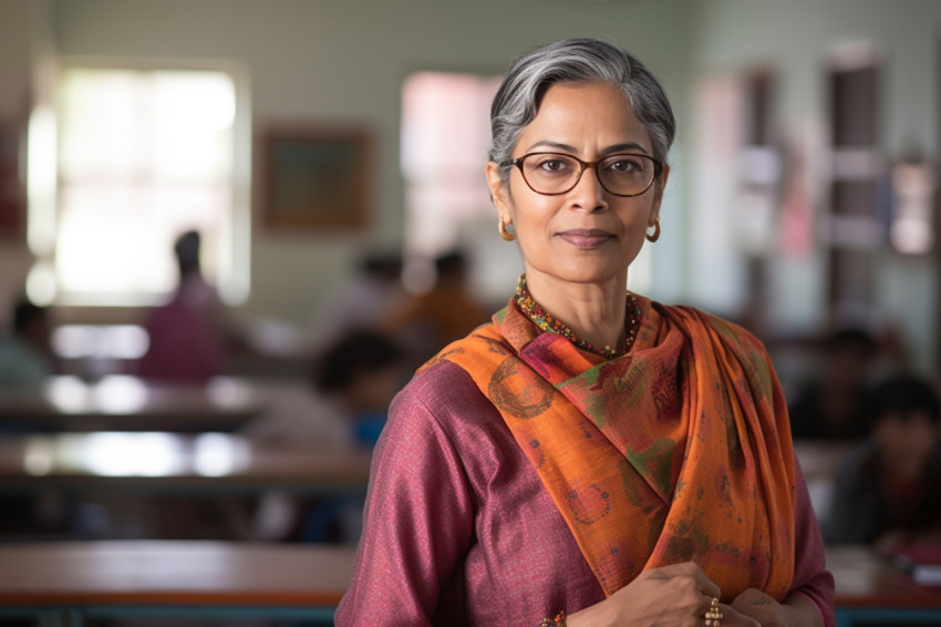 Confident Indian woman professor working on blurred background Confident Indian woman professor working on blurred background