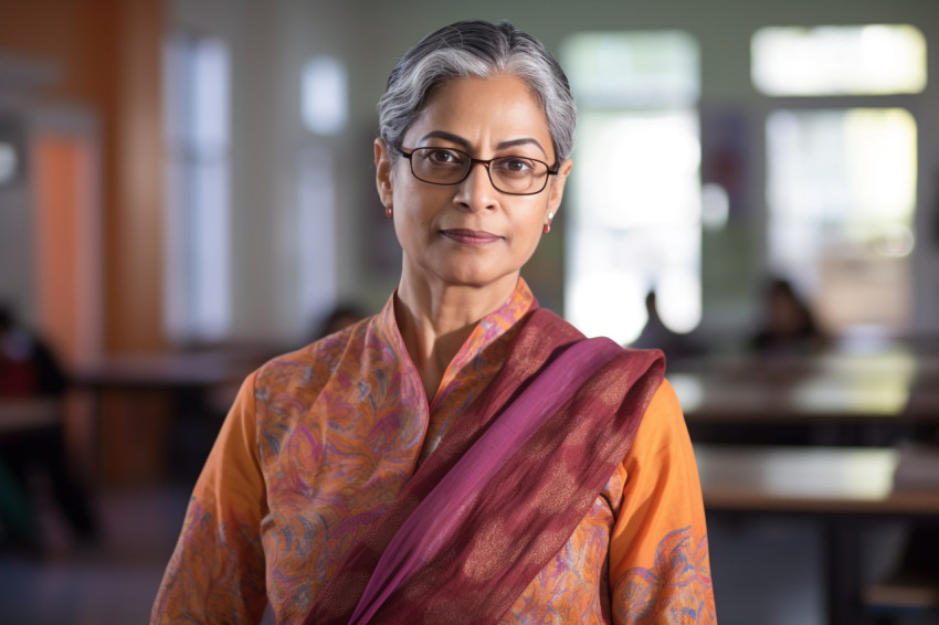 Confident Indian woman professor working on blurred background Confident Indian woman professor working on blurred background