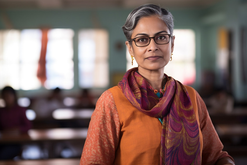 Confident Indian woman professor working on blurred background Confident Indian woman professor working on blurred background