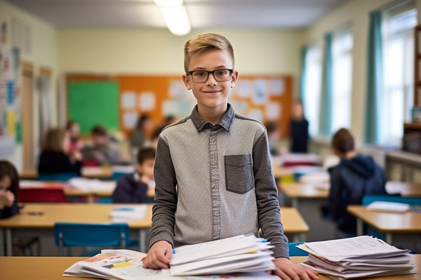 Confident elementary school boy working on blurred background Confident elementary school boy working on blurred background