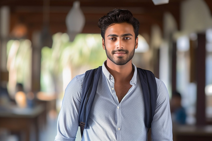 Indian male international student working blurred background Indian male international student working blurred background