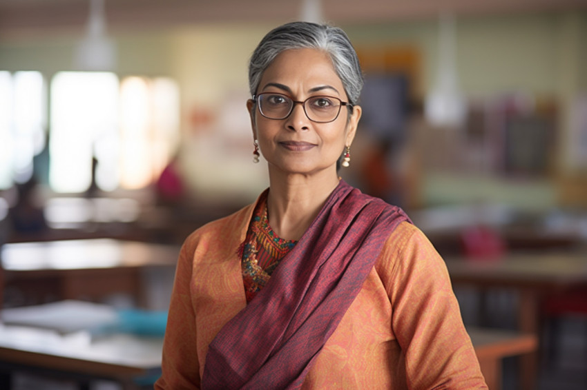Confident Indian woman professor working on blurred background Confident Indian woman professor working on blurred background