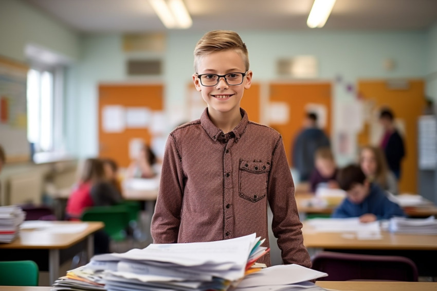 Confident elementary school boy working on blurred background Confident elementary school boy working on blurred background