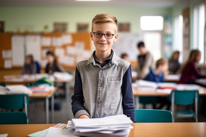 Confident elementary school boy working on blurred background Confident elementary school boy working on blurred background
