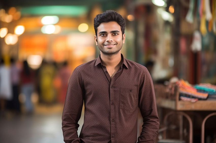 Indian male international student working blurred background Indian male international student working blurred background