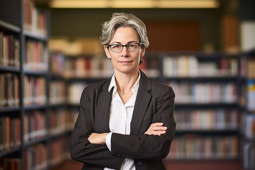 Confident female professor working on blurred background Confident female professor working on blurred background