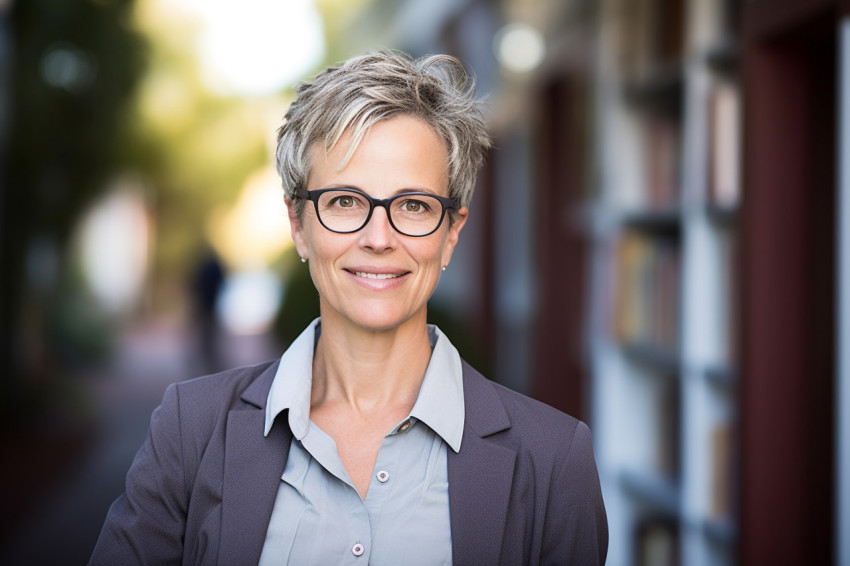 Confident female professor working on blurred background Confident female professor working on blurred background