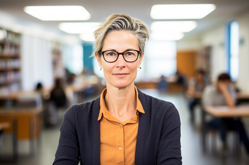 Confident female professor working on blurred background Confident female professor working on blurred background