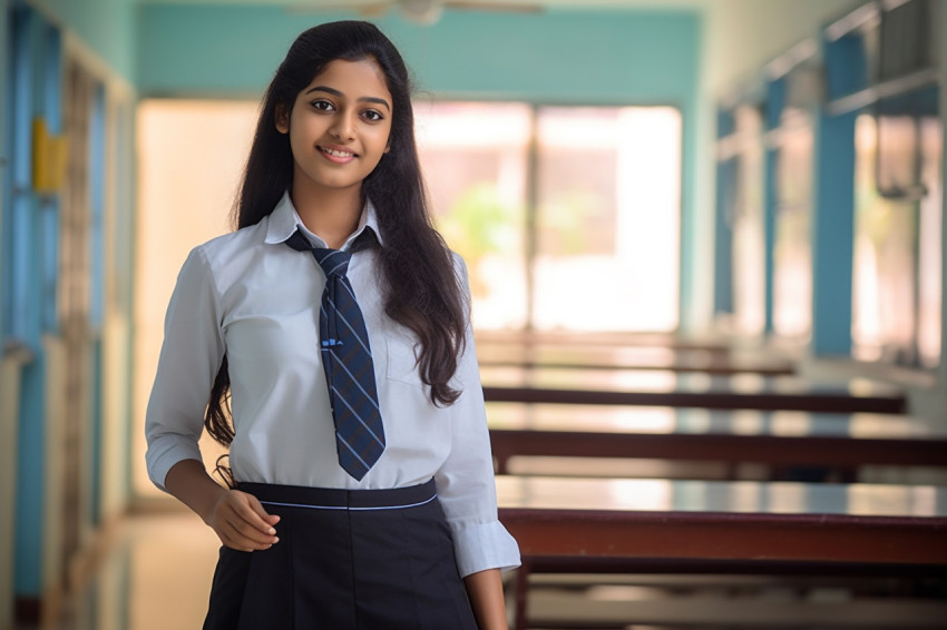 Confident Indian high school girl studying on blurred background Confident Indian high school girl studying on blurred background