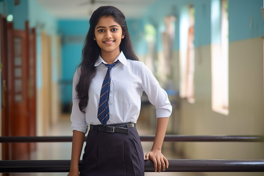 Confident Indian high school girl studying on blurred background Confident Indian high school girl studying on blurred background