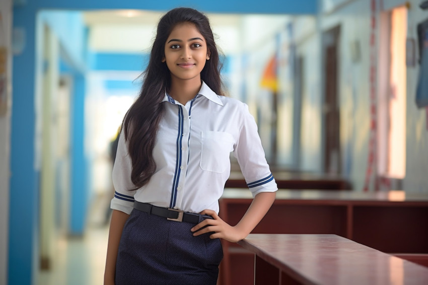 Confident Indian high school girl studying on blurred background Confident Indian high school girl studying on blurred background