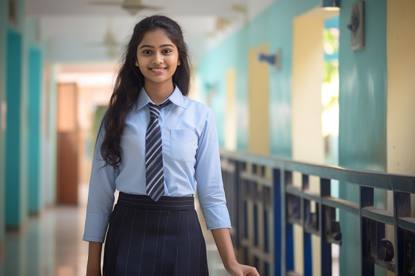 Confident Indian high school girl studying on blurred background Confident Indian high school girl studying on blurred background