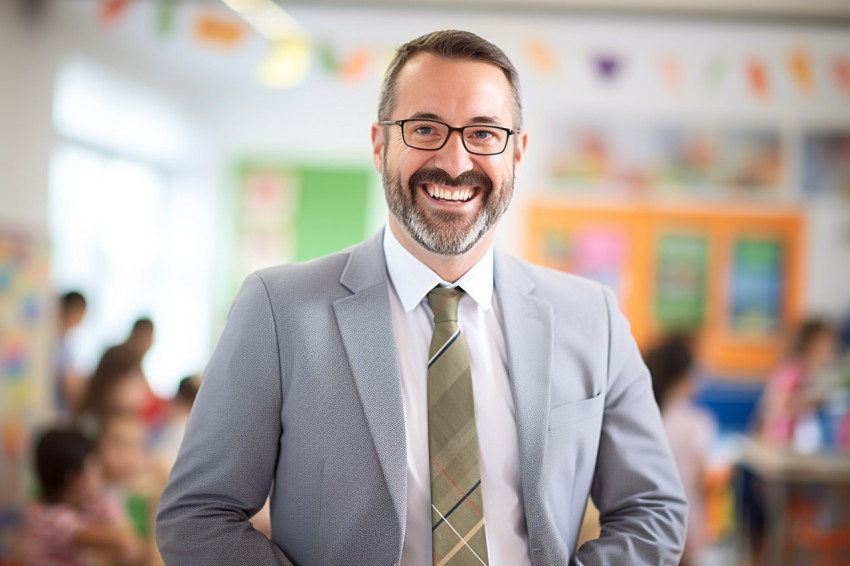 Happy male kindergarten teacher working with blurred background Happy male kindergarten teacher working with blurred background
