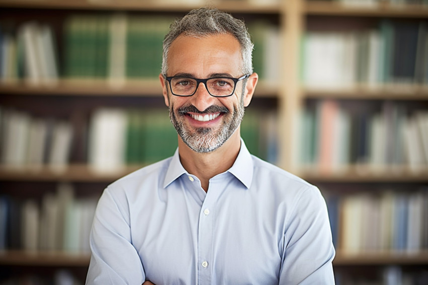 Smiling professor working in blur background Smiling professor working in blur background