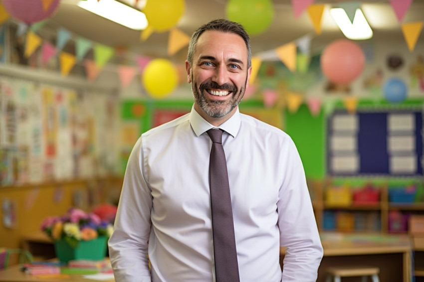 Happy male kindergarten teacher working with blurred background Happy male kindergarten teacher working with blurred background