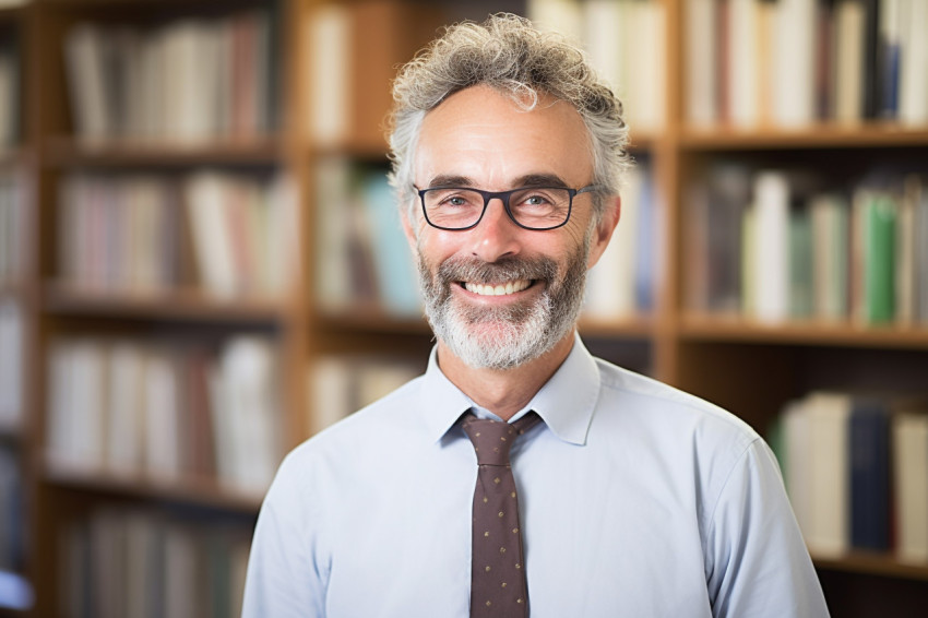 Smiling professor working in blur background Smiling professor working in blur background