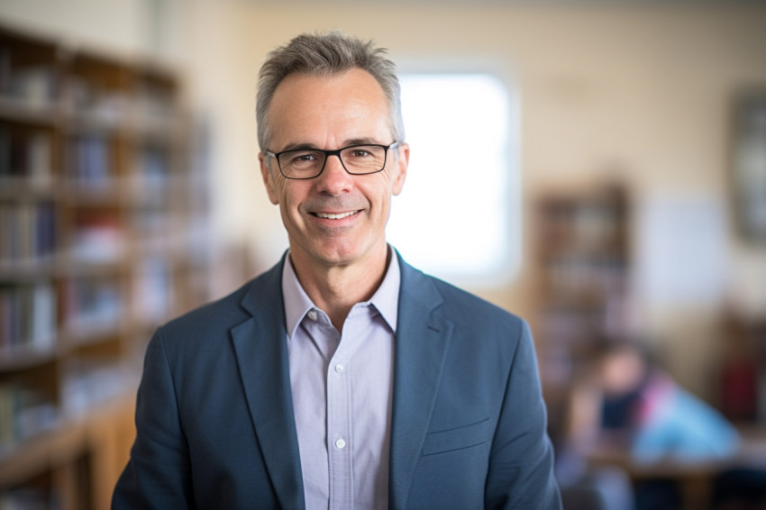 Smiling professor working in blur background Smiling professor working in blur background