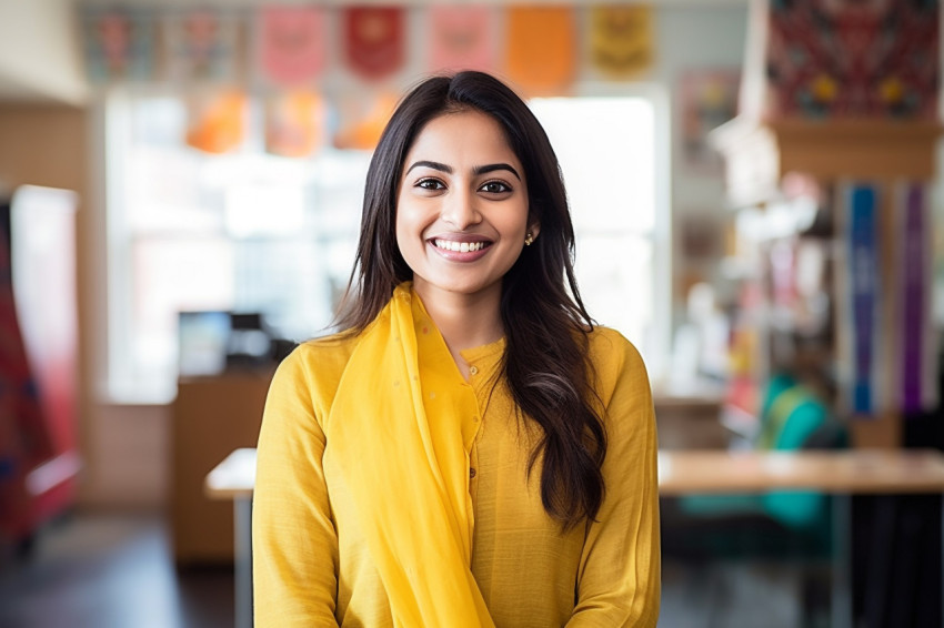 Smiling Indian international student works in blurred background