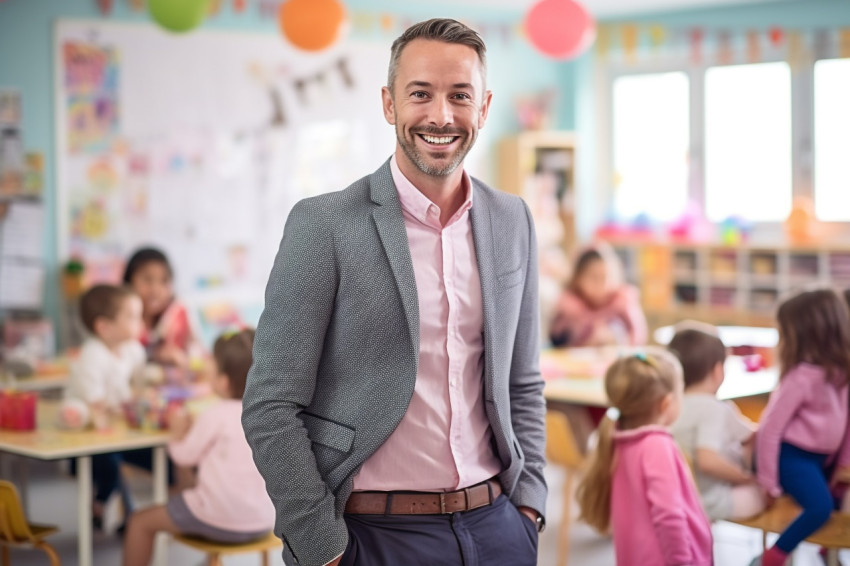 Male kindergarten teacher smiles at work blurred background Male kindergarten teacher smiles at work blurred background