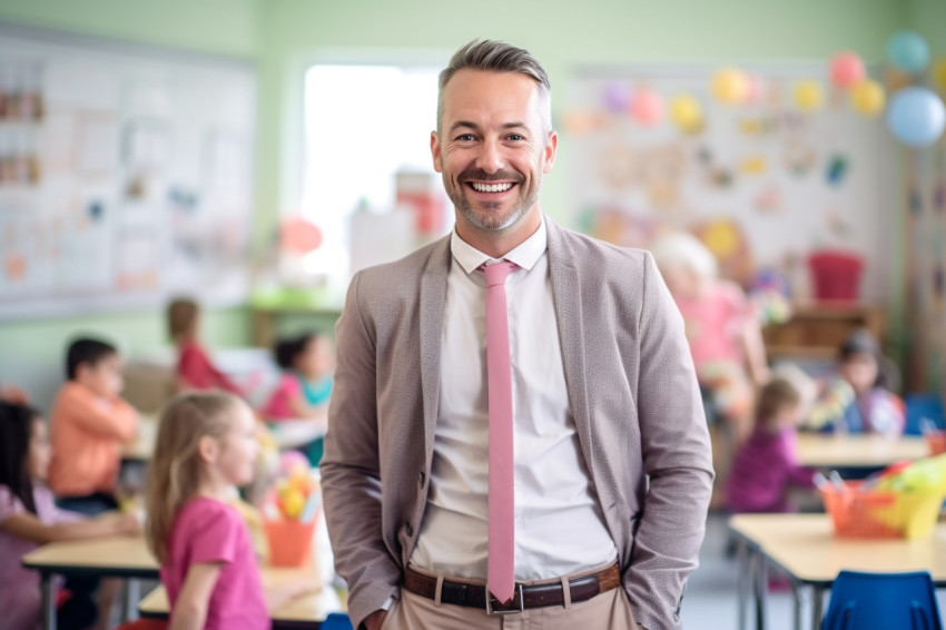 Male kindergarten teacher smiles at work blurred background Male kindergarten teacher smiles at work blurred background