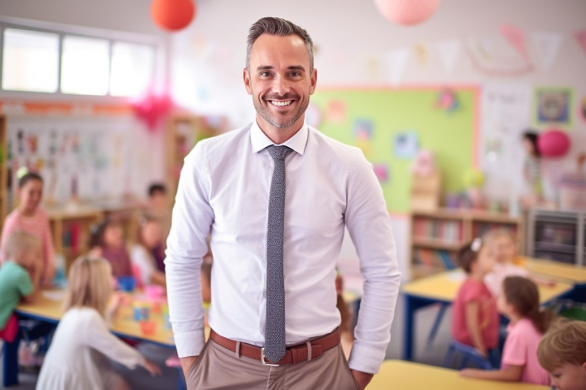 Male kindergarten teacher smiles at work blurred background Male kindergarten teacher smiles at work blurred background
