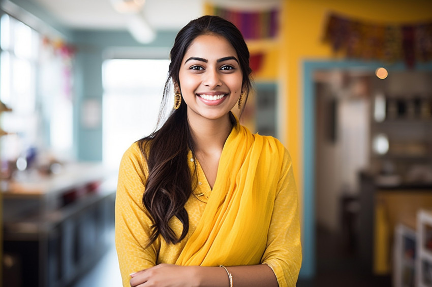 Smiling Indian international student works in blurred background