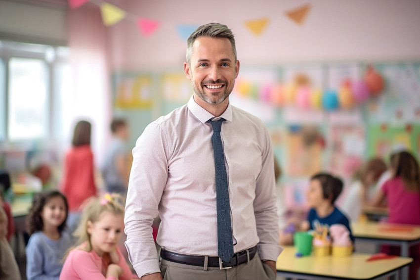 Male kindergarten teacher smiles at work blurred background Male kindergarten teacher smiles at work blurred background