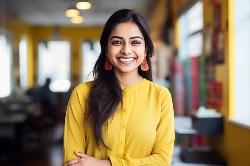 Smiling Indian international student works in blurred background