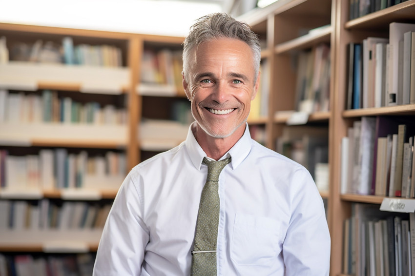 Smiling professor working in blur background Smiling professor working in blur background