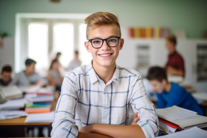 Happy middle school boy working on blurred background