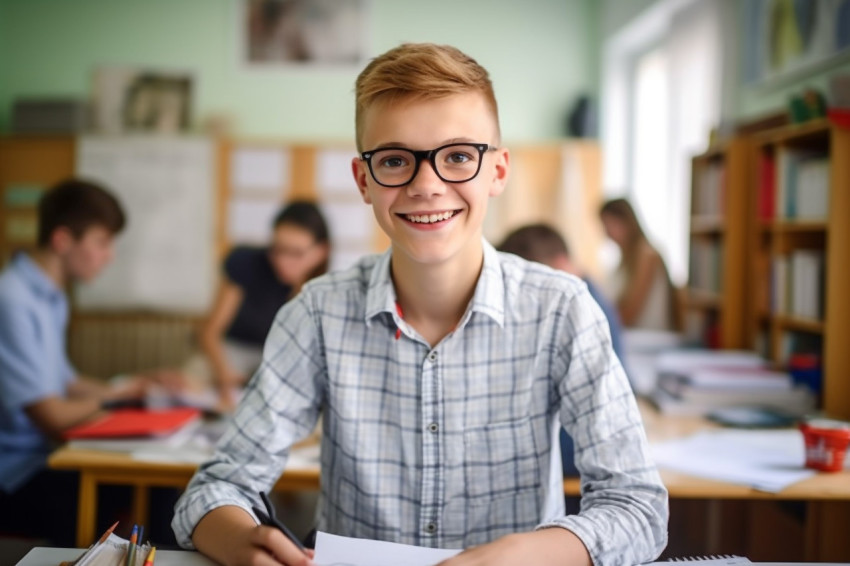 Happy middle school boy working on blurred background