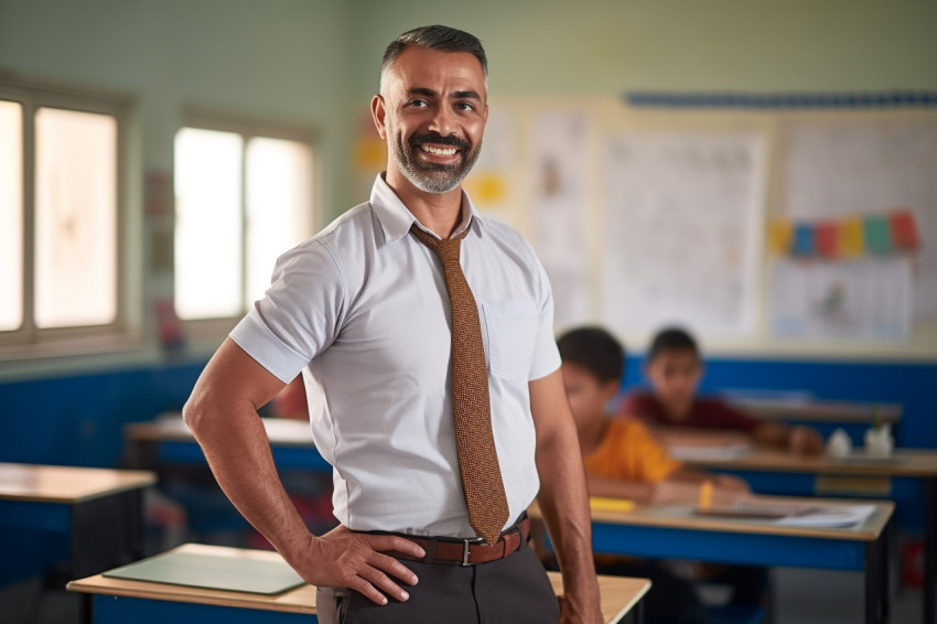 Smiling Indian male teacher working on a blurred background Smiling Indian male teacher working on a blurred background